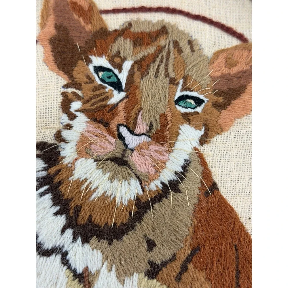 Vintage Crewel Embroidery Tiger Cub Framed Wall Art Handmade Oval Needlecraft